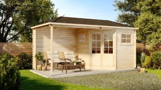 Alpholz 5-Eck Gartenhaus mit Anbau Modell Franz-28 Gartenhaus aus Holz in Pinie Holzhaus mit 28 mm Wandstärke inklusive Terrasse Blockbohlenhaus mit Montagematerial