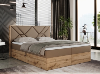 Boxspringbett mit Kopfteil und Topper, Polsterbett - GUNAR - 120 x 200 cm - Braun Kunstleder - H4 - Topper Visco