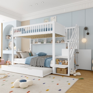 Merax Etagenbett Kinderbett 90x200 cm mit Ausziehbett Stauraumtreppe mit Kleiderschrank, weiß