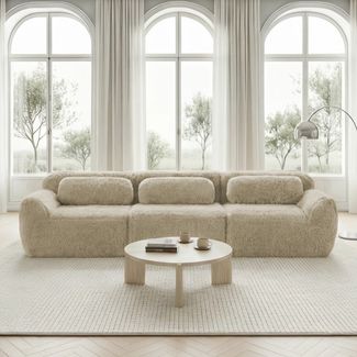Ecksofa 3‑Sitzer mit großzügiger Sitzfläche für 3 Personen, Plüschstoff, Light Khaki, modular, ohne Montage,291*104*73 cm