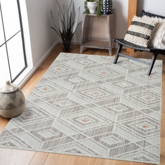 Teppich Wohnzimmer - 200x290cm - Beige Terra - Boho-Style mit Fransen - Rauten Muster - Flachflor Wohnteppich Schlafzimmer Deko