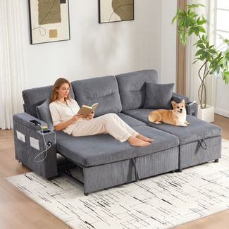 Moderne 3-Personen Cordsofa mit Stauraum,Getränkehaltern und USB-C hydraulischer Chaiselongue und Schubladenbett Stilvolles Design trifft Komfort Flexibilität und wohnliche Atmosphäre,Cordstoff,