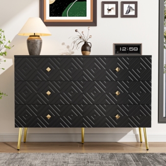 Merax 120cm Sideboard, 6-Schubladen-Kommode – Elegantes Schwarz mit Gold – Metallbeine für Stabilität