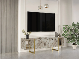 Vente-unique - TV-Möbel mit 2 Türen & 2 Regalen - Marmor-Optik Weiß & Goldfarben - DERANA