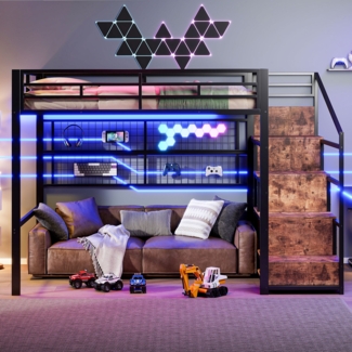 Merax Hochbett, kinderbett 140 x 200cm, mit LED-Leuchten Eisenrahmen, Kleiderschrank, Stauraumleiter, Freifläche unter dem Bett, ohne Matratze, Schwarz