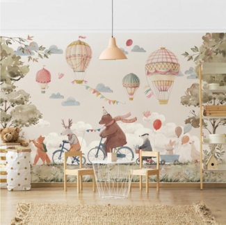 Bilderdepot24 Kindertapete Tierfreunde Rad Aquarell Illustration Kinder Tiere bunt modern, Glatt, Matt, (Vliestapete inkl. Kleister oder selbstklebend), Mädchenzimmer Jungenzimmer Babyzimmer Bildtapete Fototapete Wandtapete