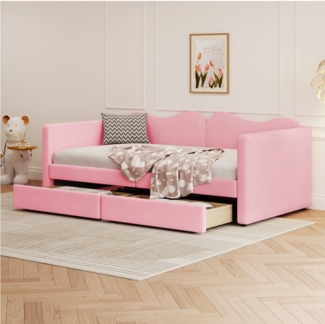 Flieks Polsterbett, Teddy-Samt Kinderbett Schlafsofa Daybett mit 2 Schubladen 90x200cm