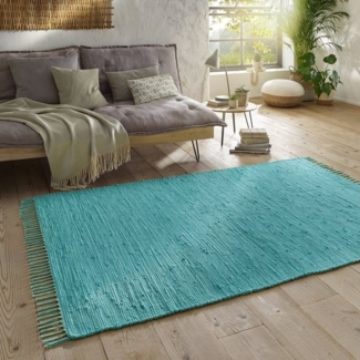 TaraCarpet Teppich Flickenteppich TaraCarpet Sylt mit Fransen, rechteckig, Höhe: 5 mm, Wohnzimmer Schlafzimmer Küchenteppich nachhaltig türkis 140x200