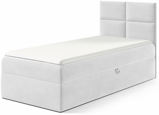 MEBLINI Kinderbett mit Bettkasten MINO 3 90x200 Rechts – H3/Hellgrau Samt Gepolstert Einzelbett mit Matratze - Polsterbett mit Stauraum - Bett mit Kopfteil – Stauraumbett