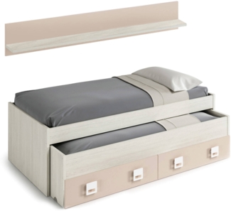 Dmora Kinderbett Asi, Bettgestell für Schlafzimmer, Einzelbett mit ausziehbarem Bett, 199 x 96 x 65 cm, Weiß und Rosa