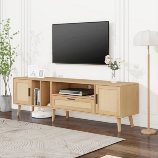 BlingBin TV-Schrank TV-Möbel, TV-Panel, TV-Lowboard, Fernsehtisch TV Board Fernsehschrank (TV-Aufbewahrungsschrank mit Rattan-Dekoration, 2 Türen und 1 Schublade und 3 Offenem Fach, 1-St, Gesamtgröße: 180*40*54 cm, Gewichtskapazität: 50kg, Massivholz-B...