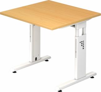 bümö höhenverstellbarer Schreibtisch O-Serie 80x80 cm in Buche, Gestell in weiß - PC Tisch klein für's Büro manuell höhenverstellbar, Computertisch verstellbar, OS-08-6-W