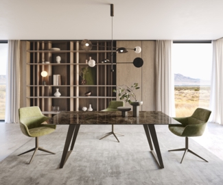 Esstisch Edge 200x100 Keramik Laminam® Emperador Extra Lucidato Dunkelbraun Metall Effektfinish Titan Schräg