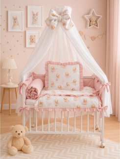 Babybett 3in1 Musselin Rosa – Beistellbett & Stubenwagen Teddybär