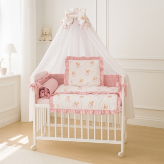 Babybett 3in1 Musselin Rosa – Beistellbett & Stubenwagen Teddybär