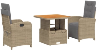 vidaXL 3-tlg. Garten-Essgruppe mit Kissen Beige Poly Rattan 3277363
