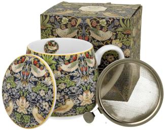 DUO ART GALLERY Fassbecher 430 ml STRAWBERRY THIEF BLUE mit Teesieb, New Bone China Porzellan