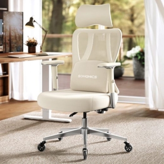 SONGMICS Schreibtischstuhl, Bürostuhl ergonomisch, Drehstuhl, höhenverstellbar, bis zu 150 kg belastbar,beige-weiß