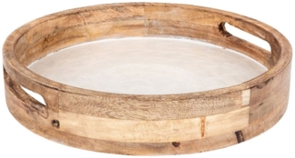 Levandeo® Dekotablett, Tablett 35cm Rund Mango Holz Creme Perlmutt Emaille Ablage