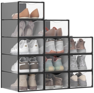 SONGMICS Schuhboxen, Schuh-Organizer aus Kunststoff, mit Tür, durchsichtig, 12er Set, stapelbar, einfache Montage, 33,2 x 23 x 14,5 cm, für Schuhe bis Größe 43, transparent-tintenschwarz