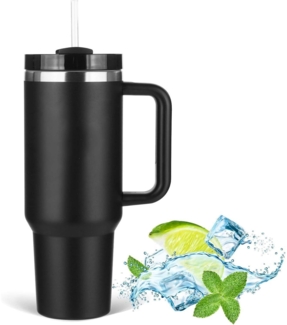 40oz Thermobecher Edelstahl Vakuum Kaffeebecher Strohhalm Schwarz