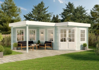 Alpholz 5-Eck Gartenhaus Pepe Gartenhaus aus Holz in Pinie Holzhaus mit 40 mm Wandstärke inklusive Terrasse Blockbohlenhaus mit Montagematerial