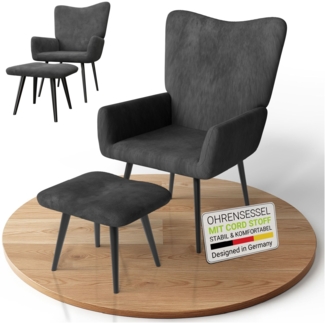 Juskys Ohrensessel Odense mit Hocker, TV- & Lesesessel in Cord, hohe Lehne, Metallbeine, komfortabler Stoffbezug, pflegeleicht – Grau