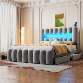 Merax Polsterbett LED Beleuchtung Doppelbett mit 4 Schubladen und USB-Aufladen 160x200cm, Samt, Grau