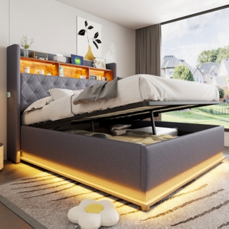 LED-Polsterbett, Gepolstertes Stauraumbett mit USB-Ladeanschluss und hydraulischem Stauraum, Leinenstoff, Grau, 160 x 200 cm