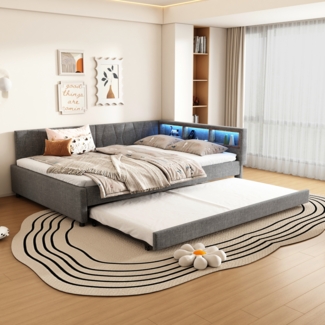 Merax Daybett LED Polsterbett Schlafsofa 140x200cm & Ausziehbett 90x190cm & Aufladen, grau