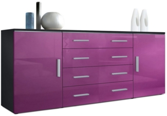 Vladon Sideboard Faro V2, Kommode mit 2 Türen und 4 Schubladen, Schwarz matt/Brombeer Hochglanz (166 x 72 x 35 cm)