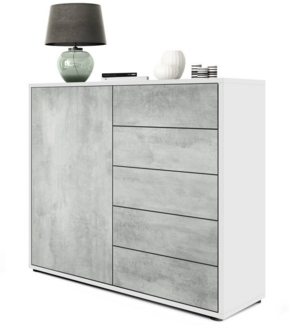 Vladon Sideboard Ben V2, Kommode mit 1 Tür und 5 Schubladen, Weiß matt/Beton Oxid-Optik (79 x 74 x 36 cm)