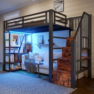 Hochbett,Eisenrahmen Ablagefach integrierte Stufen Schutzgeländer Leiter mit LED-Lichtleiste offener Stauraum unter dem Bett Matratze nicht im Lieferumfang enthalten,Eisen,schwarz,90 x 200 cm