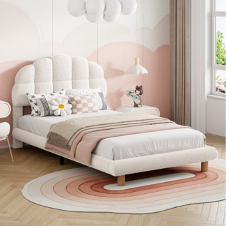 LuxeLiving Polsterbett Einzelbett Kinderbett (Ideal für ein Märchenhaftes Kinderzimmer), Im Wolkendesign, Weiches Bouclé-Gewebe, mit Holzbeine, 90x200cm