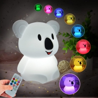 RWEUOQ LED Nachttischlampe Nachtlicht Kinder Koala Nachtlampe mit Tippfunktion und Fernbedienung, LED fest integriert, Timing-Modus, Nachtlichter aus Silikon dimmbar 9 Lichtfarben Deko