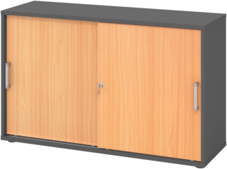 bümö Schiebetürenschrank 2OH - Aktenschrank abschließbar, Sideboard Schrank mit Schiebetüren in Graphit/Buche, Chromgriff - Büroschrank aus Holz mit Schiebetür, Büro Kommode für Ordner & Co, 1752S-G-6-CE