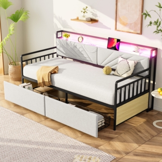 Merax Eisenbettsofa 90*200 cm, mit LED-Beleuchtung und Ablagen, mit Schubladen und Multifunktionssteckdosen, Eiseneinzelbett, Jugendbett, Beige
