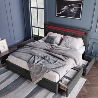 BlingBin Einzelbett Polsterbett Höhenverstellbarem Kopfteil 90/140x200 cm (mit LED-Beleuchtung und 4 Schubladen), Gesamtabmessung: 208 x 150 x 93.5-103 cm