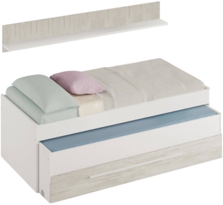 Dmora Kinderbett Art, Bettgestell für Schlafzimmer, Einzelbett mit ausziehbarem Bett, Schublade und Regal, 199 x 96 x 65 cm, Weiß