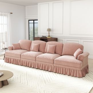 Flieks 4-Sitzer Sofa, Modular Sofa mit 4 Kissen, abnehmbarer Volant, Flared-Armlehnen & Holzbeinen, Chenille, Rosa