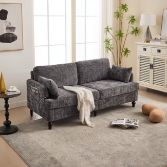 2-sitziges Chenille-Sofa mit USB-Ladeanschluss, LED-Licht und Aufbewahrungstasche in Grau