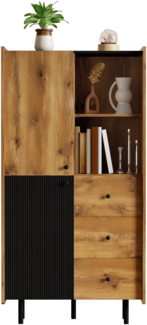 LVHOM Highboard mit Schubladen und Türen, Bücherschrank Hochkommode mit offene Regale, Hochschrank Bücherregal Standvitrine, Eiche/Schwarz