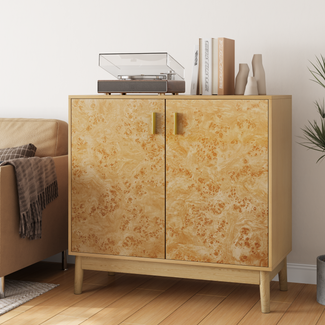 Sideboard Gelb mit Baumknoten-Struktur, goldener Griff, MDF/Holz, verstellbare Einlegeböden,80*38*77.5 cm
