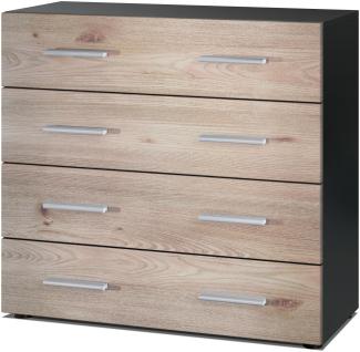 Vladon Sideboard Pavos, Kommode mit 4 Schubladen, Schwarz matt/Eiche Nordic (76 x 72 x 35 cm)
