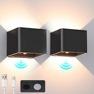 WILGOON LED Wandleuchte Akku Wandleuchte mit Bewegungsmelder Kabellose Wandlampe mit Schalter, LED fest integriert, Warmweiß, Innen Wandlampe 2200mAh USB Wiederaufladbar für Schlafzimmer Flur
