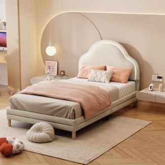 Polsterbett Kinderbett Einzelbett, Wolken-Kopfteil, LED-Lichtstreifen, Samt, Beige, Kreatives Kinderzimmer