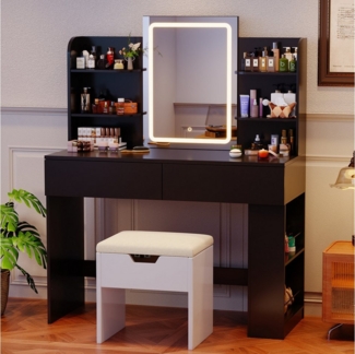 HOMALL Schminktisch mit Spiegel, LED-Beleuchtung, einstellbare Helligkeit, 2 Schubladen (L*B*H) 90*40*135 cm 8 offene Fächer (2 Seitenfächer können von links nach rechts umgestellt werden) 2 große Schubladen)