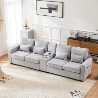 Big-Sofa, 4-Sitzer inkl. loser Zier- und Rückenkissen, Zwischentisch, USB-Anschlüssen, Polstersofa, Wohnzimmersofa, Leinen