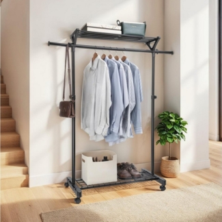 IDIMEX Garderobenständer VIDA, Kleiderständer mit Rollen und Schuhablage, mobile Garderobe schwarz