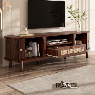 Merax Lowboard mit Schubladen mit Rattan-Oberflächen (Fernsehschrank im Landhausstil, 1 St), TV-Schrank mit 2 Schiebetüren, Staufächern & Holzfüße, 165x37x46cm